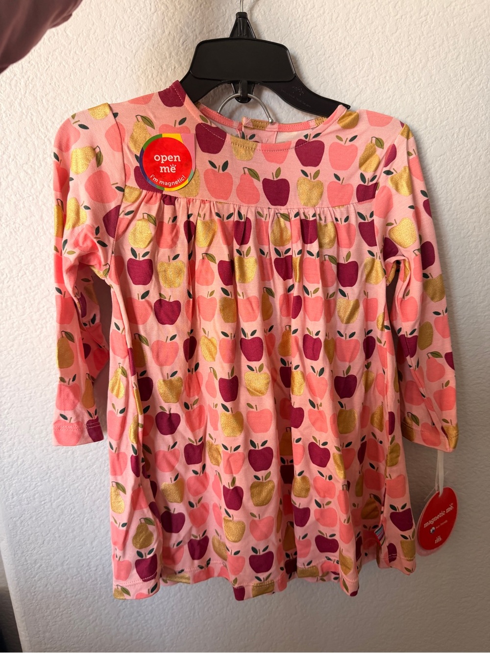 Magnetic Me Pink Apple-Print Long Sleeve Dress with Gold Apples
